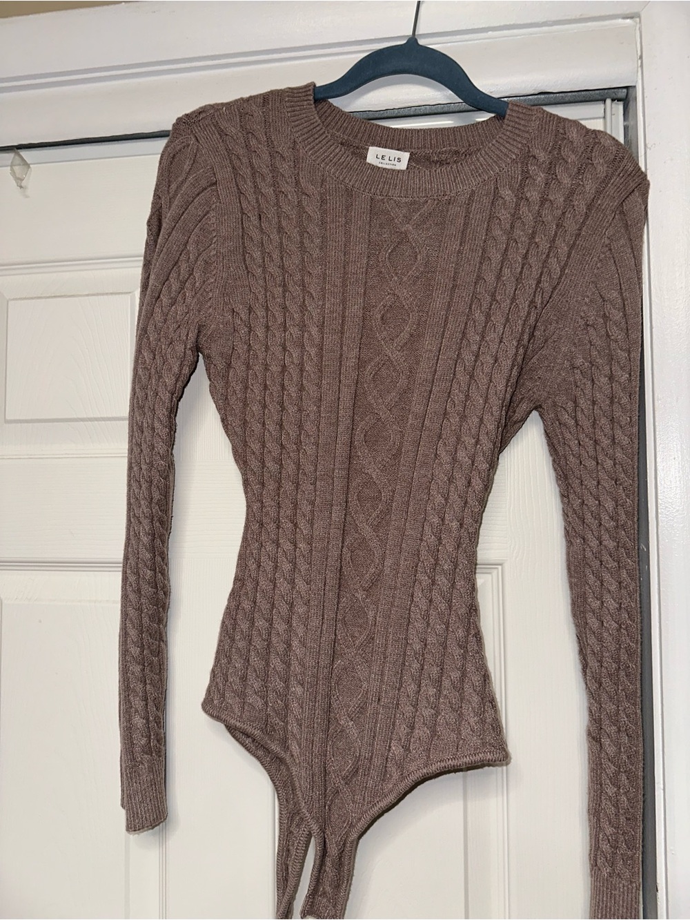 Le Lis Taupe Brown Cable-Knit Bodysuit Sweater